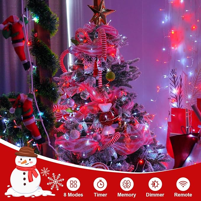 QITONG 2 Pack Battery Operated String Lights, Each 33ft 100 LED Red and White Christmas Lights Outdoor Waterproof, 8 Modes Clear Wire Twinkle Fairy Lights Indoor with Remote