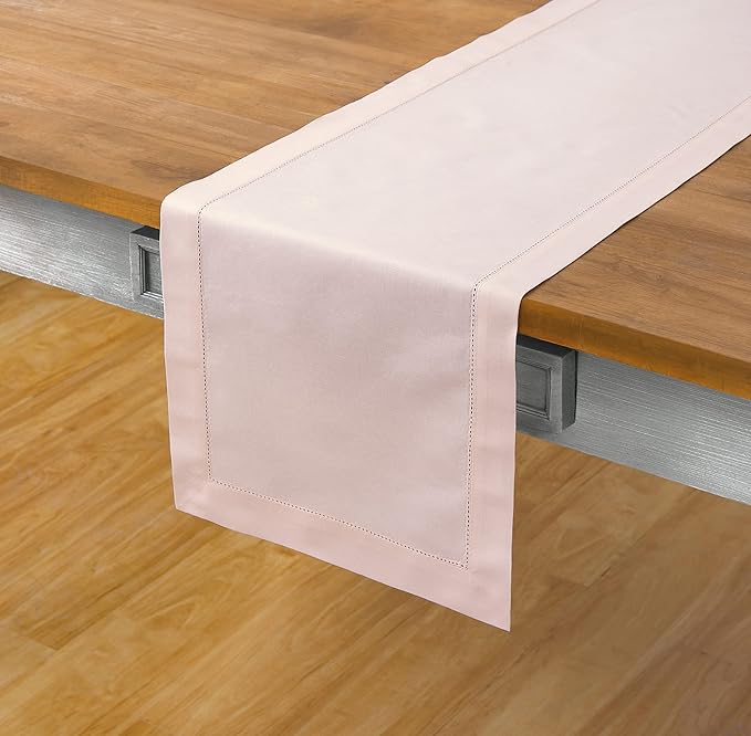 Solino Home Pink Hemstitch Table Runner 48 Inches - Cotton Linen Small Table Runner 14 x 48 Inch Ideal for Dresser and Coffee Tables - Mothers Day, Spring, Summer