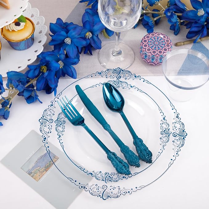 Hioasis 175pcs Clear and Blue Plates - Blue Party Plates for 25 Guest, Include 50 Heavy-duty Plates(20% Thicker Than Standard), 25 Pre Rolled Gold Plastic Silverware Set, 25 Cups for 4th ofJuly