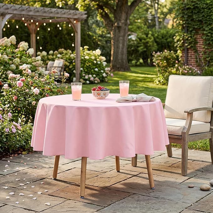 sancua Round Tablecloth - 70 Inch - Water Resistant Spill Proof Washable Polyester Table Cloth Decorative Fabric Table Cover for Dining Tables, Buffet Parties and Camping, Pink