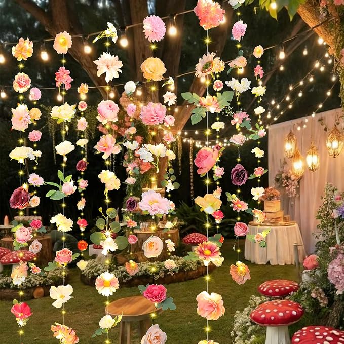 Suncalla 6 Pack 35.4ft Fake Flower Garland Backdrop with LED Lights Hanging Wildflower Floral Vine Decorations for Wedding Bridal Shower Birthday Baby Shower Party Backdrop(Lovely,Multicolor)