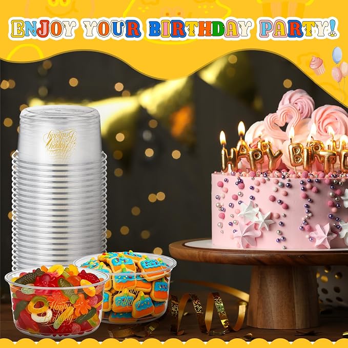 SiliFine 100 Pcs Birthday Plastic Bowls 12 oz Birthday Cups Disposable Clear Serving Bowls Dessert Cups for Ice Creams Desserts Parfaits Snacks Party Favors Supplies Decoration