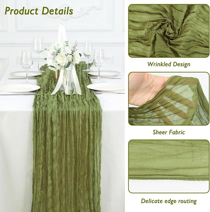 3 Pack Olive Green Cheesecloth Table Runner 120 Inch 10FT Cheese Cloth Runners for Spring Holiday, Baby Shower, Jungle Theme Party