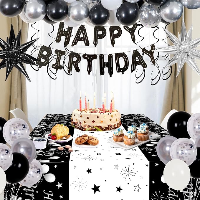 Black Silver Birthday Party Decorations for Men Women, Party Decorations Kit with Black Happy Birthday Banner, Star Balloon, Silver Fringe Curtain, Hanging Swirls for DIY Theme Bday Party