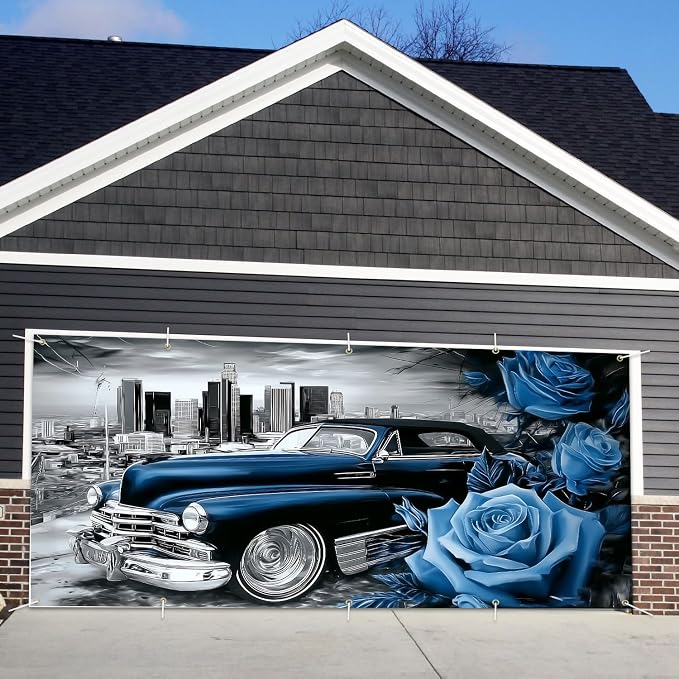 Lowrider Car Garage Door Banner Cover 7x16FT Waterproof – Vintage Blue Convertible & Blue Roses Backdrop with City Skyline,Outdoor Decor for Chicano Party,Car Show,Lowrider Birthday,Photo Booth