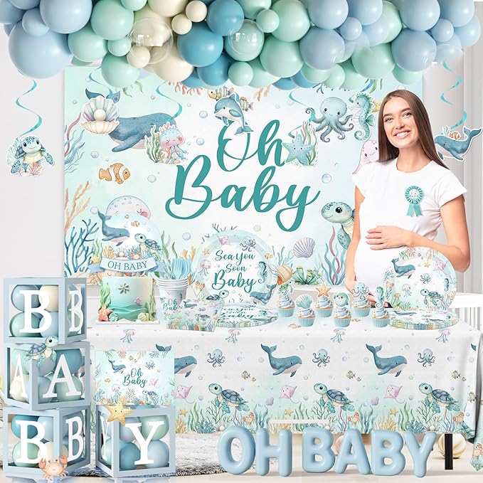 Sea You Soon Baby Shower Decorations, Under The Sea Party Decorations with Oh Baby Backdrop Banner Plates Napkins Ocean Tablecloth Balloon Arch Box for 1st Boy Birthday Party