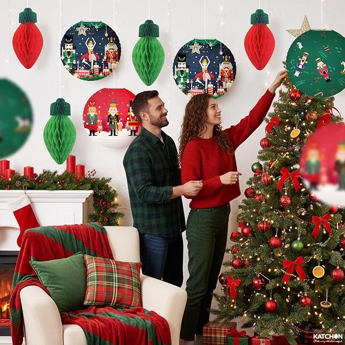 KatchOn, Hanging Christmas Decorations Indoor – 10 PCS | Festive Christmas Paper Lanterns & Honeycomb Ornaments | Nutcracker christmas Decor | Holiday Hanging Decor | Nut Cracker Ornaments