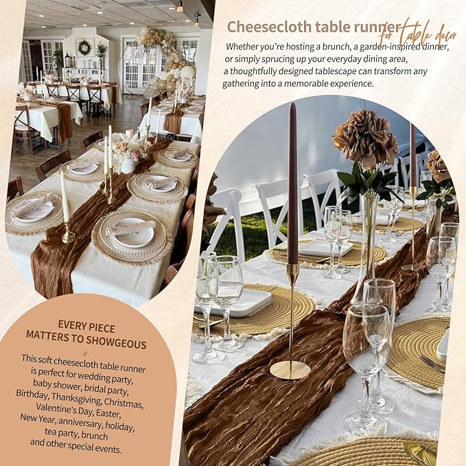 10 Pack Brown Cheesecloth Table Runner 10FT Boho Gauze Cheese Cloth Table Runners Romantic Rustic Sheer Table Decorations for Wedding Party Baby Shower Birthday Holiday Home