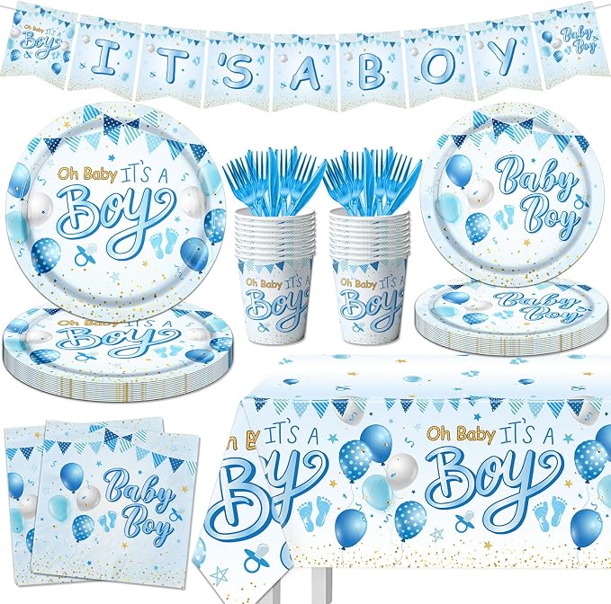CMUSKO Blue Baby Shower Decorations for Boy, It's a Boy Baby Shower Party Supplies with Baby Boy Plates Napkins Cups Banner Tablecloth for Baby Boy Gender Reveal Baby Shower Party Decor