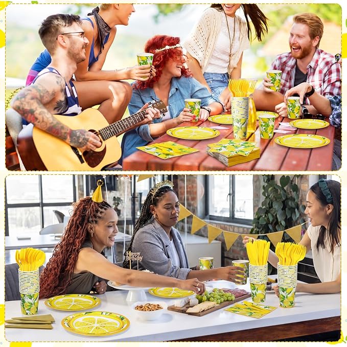 Pickmesh 400 Pcs Lemon Party Supplies Summer Fruit Disposable Plates Napkins Cups Spoons Forks Knives for Yellow Lemons Birthday Wedding Bridal Shower Baby Shower Table Decorations Serve 50