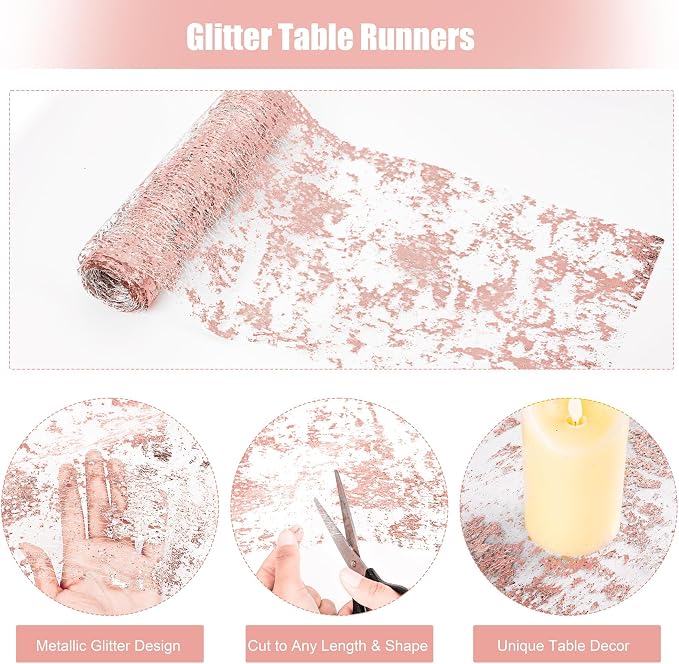 Aneco 12 Pieces Metallic Glitter Table Runner 84 x 11 Inches Rose Gold Glitter Mesh Table Runners Sparkle Rectangle Runner Roll Decorations for Wedding Baby Shower Birthday, DIY Home Decor