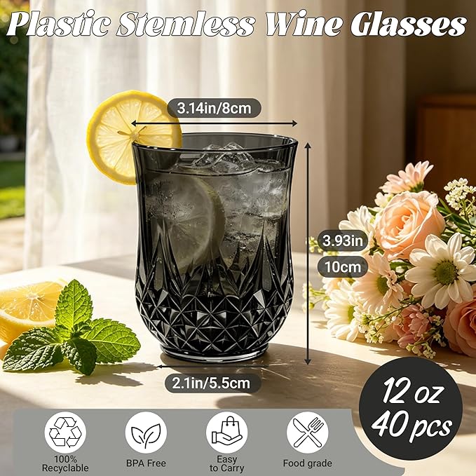 40 Pack Plastic Stemless Wine Glasses,12oz Unbreakable Vintage Elegant Drinking Glass Set,Reusable Fancy Cocktail Cups for Party, Wedding, and Bulk Events (40, 12oz-Black)