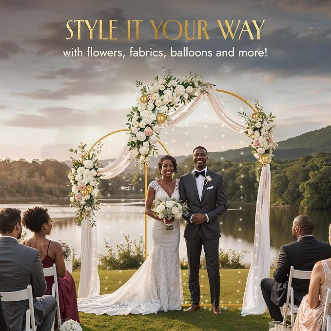 Gold Metal Arch Backdrop Stand for Wedding & Birthday Party Decorations, Foldable Balloon Arch Frame with Easy Assembly, Photo Booth Backdrop Décor with Fairy Lights Options