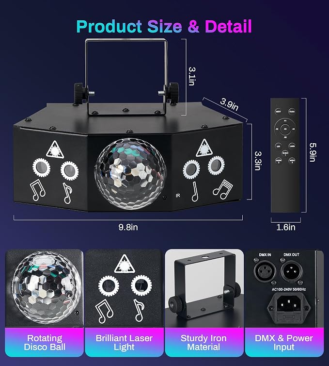 Disco Party Lights Laser DJ Light with Sound Activated Support DMX512 Stage DJ Party Disco Lighting with Remote Control for Xmas Club Parties Birthday Christmas Wedding