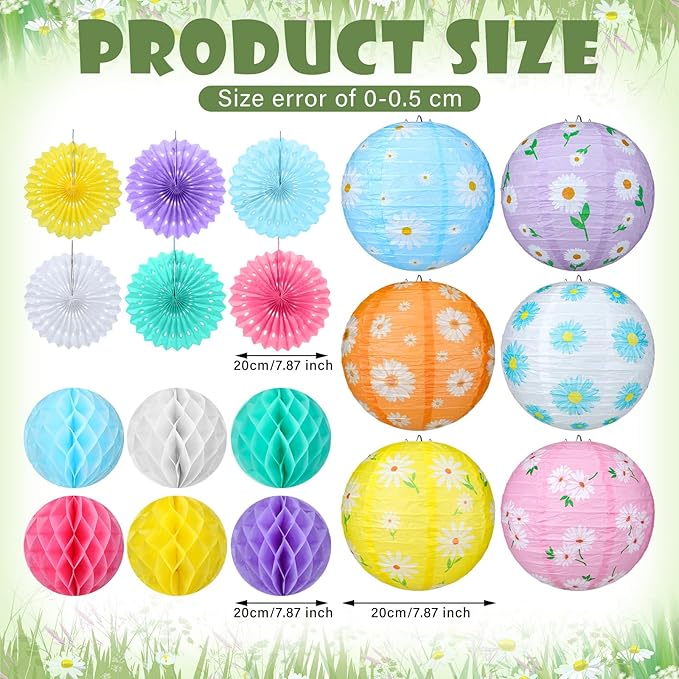 Baquler 18 Pcs Spring Daisy Party Decoration Pastel Flower Floral Hanging Paper Lantern Wild Fans Honeycomb Ball for Wedding Bridal Shower Party Ceiling Decor Supplies