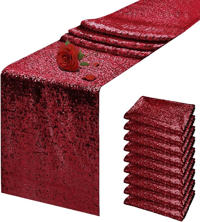 10 Packs 12 x 72 inches Burgundy Sequin Table Runner, Glitter Runner for Birthday Party Supplies Wedding Holiday Celebration Baby Shower Engagement Anniversary Decor