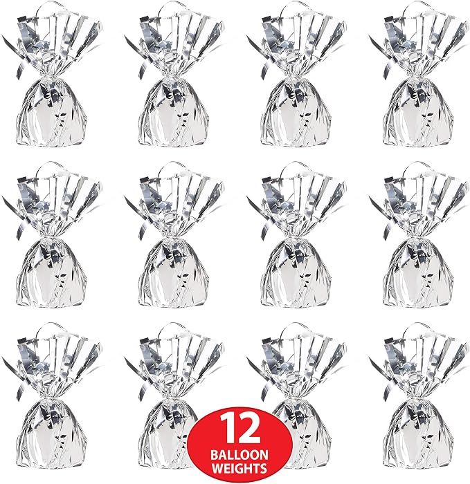 Beistle 12-Pack Metallic Wrapped Balloon Weights, Silver Party Decor for Table & Centerpieces, Special Event Decorations for Festive Celebrations, 6 Oz.