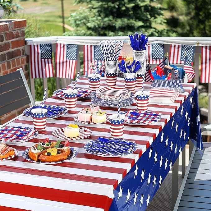 Funnymoom 452 Pcs Memorial Day Party Decoration for 50, 4th of July Patriotic Paper Plates Napkins Cups Tablecloth Cutlery Straw White Red Blue Tableware for 250th Aniversary Supplies