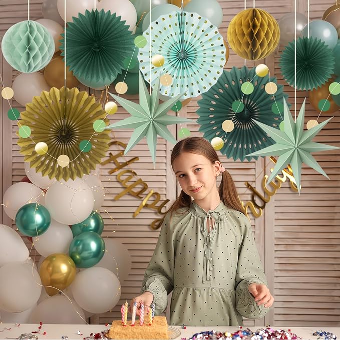 ADLKGG Sage Green Gold Party Decorations - Hanging Paper Fans Honeycomb Balls & Star Decor for Graduation, Gender Neutral Woodland Baby Shower, Bridal Shower, Birthday & Boho Wedding Photo Backdrop