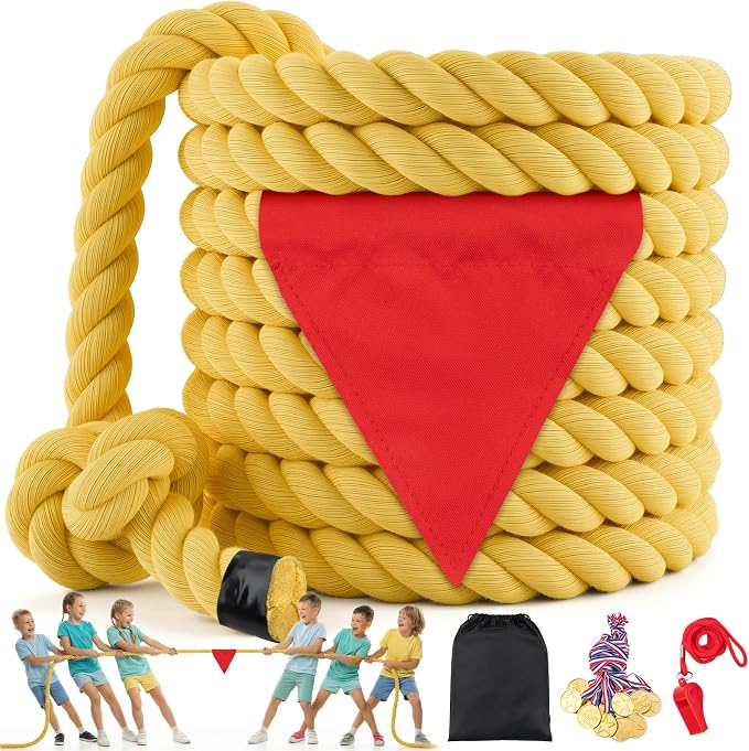 Tug of War Rope for Kids & Adults - 40ft Soft Cotton Outdoor Pulling Rope with Flag for Team Building Activities Field Day Family Reunions Birthday Parties Camping Games- Yellow