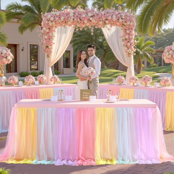 6 Pack 6ft Rainbow Tulle Tablecloths for Rectangle Tables, 6 Foot Rainbow Rectangular Table Cloth Wrinkle Free Tablecover with Tutu Skirt for Baby Shower Girls Birthday Party Banquet Buffet Cake