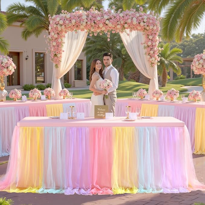 4 Pack 6ft Rainbow Tulle Tablecloths for Rectangle Tables, 6 Foot Rainbow Rectangular Table Cloth Wrinkle Free Tablecover with Tutu Skirt for Baby Shower Girls Birthday Party Banquet Buffet Cake