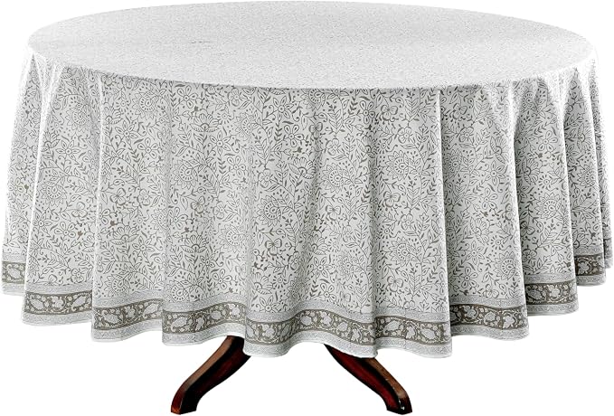 Ridhi Round Tablecloth Hand Block Print 100% Cotton Reusable Taupe Jal 60 Inch Table Cover Decorative Everyday Use for Dining, Home, Party, Wedding, Farmhouse, Party Gift for Spring, Mother's Day