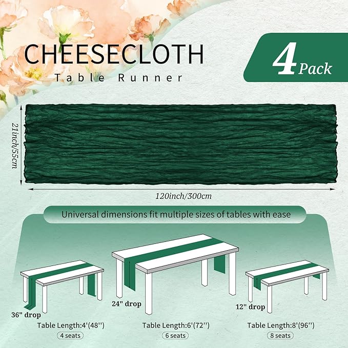 4 Pack Cheesecloth Table Runner 10FT Emerald Green Table Runner Boho Gauze Cheese Cloth Table Runners Long Rustic Sheer Table Decorations for Wedding Party Baby Bridal Shower Birthday Holiday Home