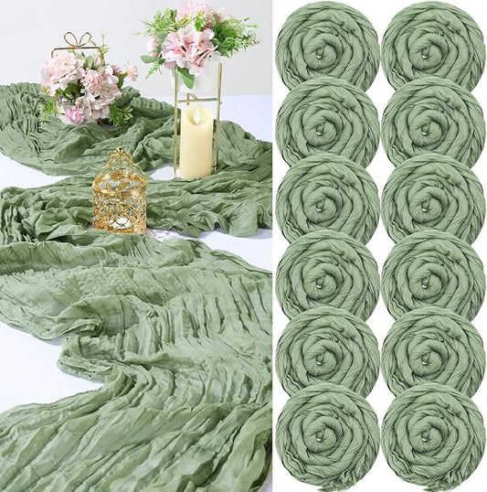 Buryeah 12 Pcs Cheesecloth Table Runner Boho Gauze Table Runner Bulk Rustic Cheese Long Romantic Runners for Wedding Bridal Shower Birthday Decor(Sage Green,28 x 120 Inch)