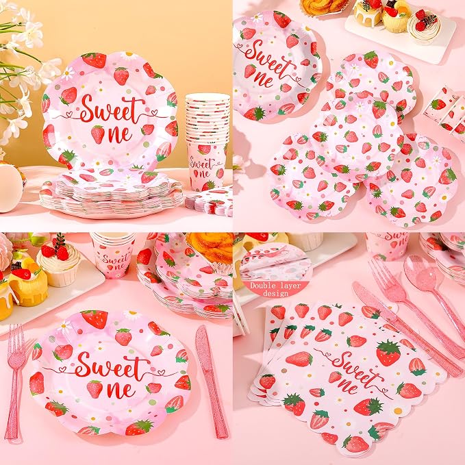 Strawberry First Birthday Decorations for Girl, Strawberry First Birthday Plates Serves 24, Strawberry Plates, Strawberry 1st Birthday Decorations, Berry Sweet One Birthday Party Decorations