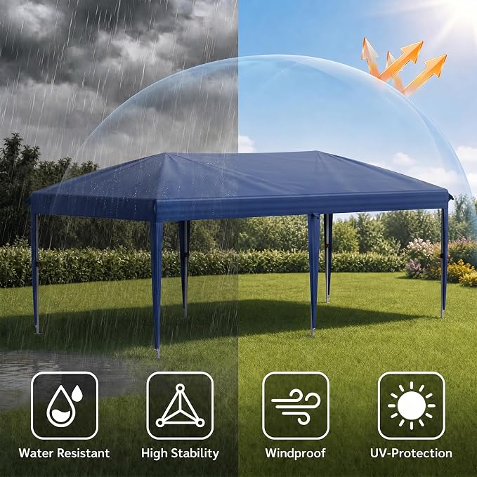 10x20 FT Portable Pop Up Canopy Tent with Sandbags, Adjustable Height Instant Gazebo Without Sidewalls,Waterproof Outdoor Canopy for Camping, Parties, Vendor Events (Blue, 3m × 6m Without sidewalls)