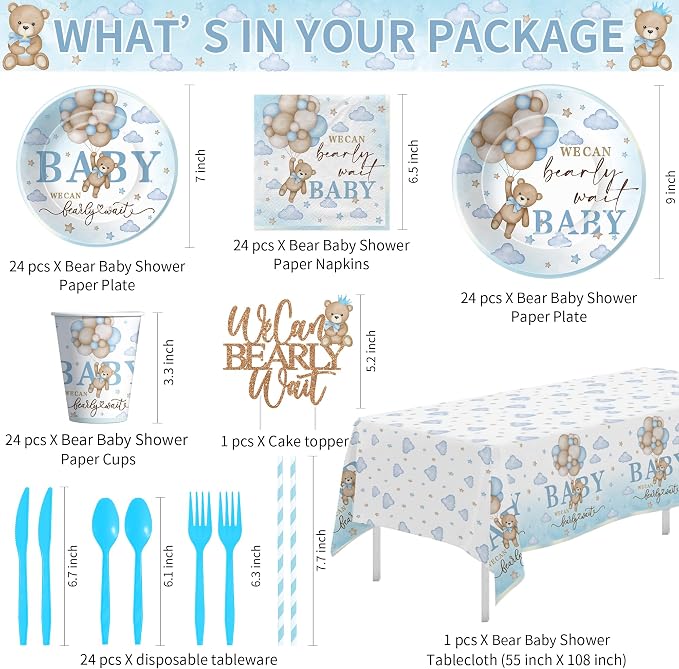 We Can Bearly Wait Baby Shower Decorations for Boy, Blue Bear Baby Shower Decorations Party Supplies, Paper Plate, Napkin, Cup, Banner, Tablecloth, Balloon, Swirls, Backdrop, Topper, Serves 24