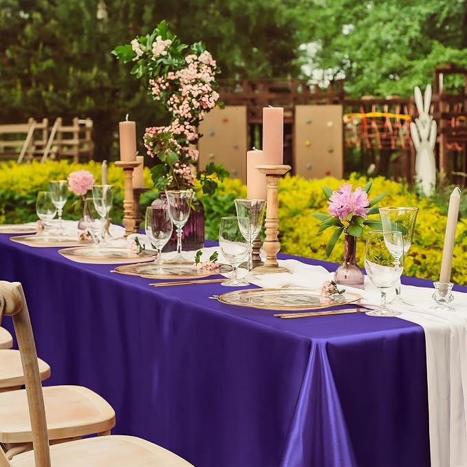 TURSTIN 1 Pack Dark Purple Satin Tablecloth 102 x 58 Inch Overlay Satin Table Cover Rectangle Bright Silk Tablecloth Smooth Fabric Table Decoration for Wedding Banquet Party Events