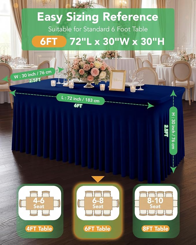 6 Pack Spandex Table Cover Skirts for 6ft Rectangle Tables, Navy Blue Stretch Table Cloths with Floor-Length Ruffle, Elastic Fitted Skirted Tablecloth for Elegant Wedding Banquet Party Buffet Deco