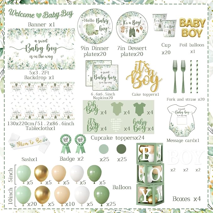 Baby Boy Shower Decorations,267pcs Baby Shower Decorations Green Plates and Napkins Cups Banner Backdrop Tablecloth Cake Topper Balloon for Sweet Baby Boy Baby Shower Decorations
