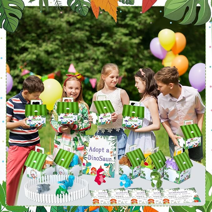 38 Pcs Adopt a Dinosaur Party Favors Include 12 Mini Dinosaur Stuffed Animals 12 Foldable House Gift Boxes 12 Adoption Card 1 Adoption Sign 1 Fence for Adopt A Pet Party Dino Birthday Supplies
