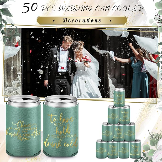 Qinyoung 50 Pieces Green Wedding Can Cooler Bulk Engagement Party Favors for Guests Cheers to Love Laughter and Happily Ever After Rehearsal Dinner Decorations for Wedding Bridal Party