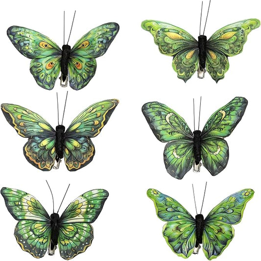 Cartanfill-Decorative 3D Butterfly Clips, Green Feather Design, Set of 12, Party and Christmas Tree Ornaments