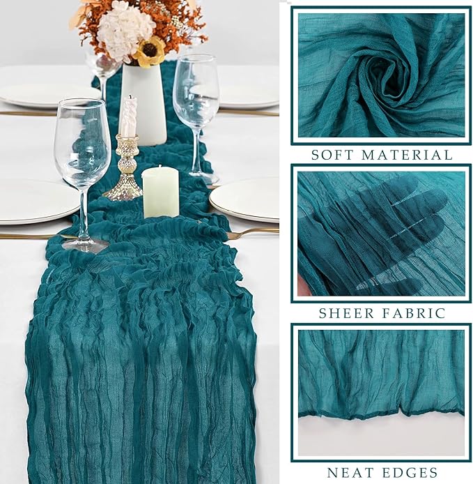Teal 12 Pieces Cheesecloth Table Runner 10FT Runner for Tables Gauze Fabric Boho Table Runner Decoration Rustic Sheer Runner for Wedding Shower Birthday Party Table Arbor Decor (35 x 120 Inches Long)