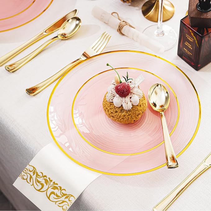 N9R 180PCS Pink Plastic Plates with Gold Trim, Disposable Party Dinnerware Set for 30 Guests, Include 30 Dinner & Salad Plates, Napkins, Forks, Spoons, Knives, Perfect for Wedding, Dinner Party