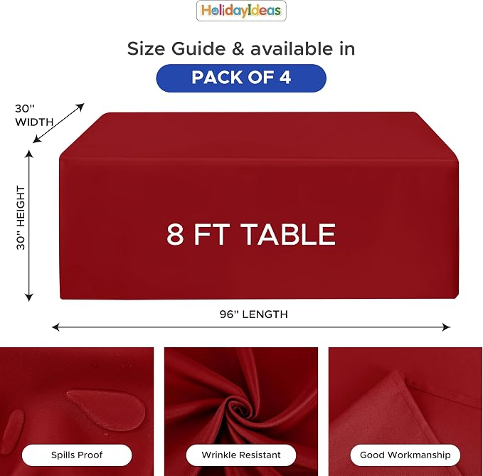HolidayIdeas 4-Pack Red Fitted Tablecloth for 8ft Tables Christmas Decor | Wrinkle resistant rectangular table covers holiday party banquet events supply craft fairs