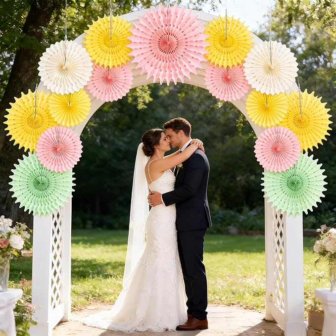 SUNBEAUTY 11Pcs Pastel Paper Fans Party Decorations for Wall, Yellow Pink Green Colorful Hanging Large Wall Fan Spring Summer for Birthday Party Bachelorette Anniversary Wedding Photo Booth Backdrop
