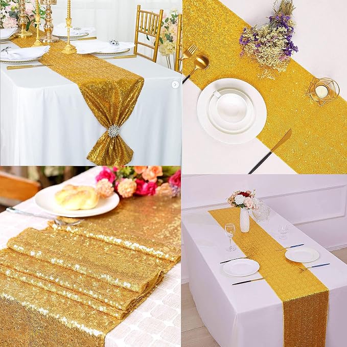 12 Packs 12 X 72 Inch Gold Sequin Table Runner Glitter Dining Table Runner for Birthday Wedding Engagement Bridal Baby Shower Bachelorette Holiday Celebration Party Supplies Decorations (Gold)
