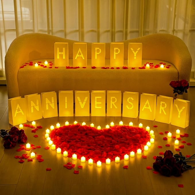 Aurelema 6088 Pcs Happy Anniversary Light up Letters with LED Flameless Tealight Candle Red Rose Petal Letter Luminary Paper Bag for Valentine's Day Decorations Proposal Romantic Special Night Decor