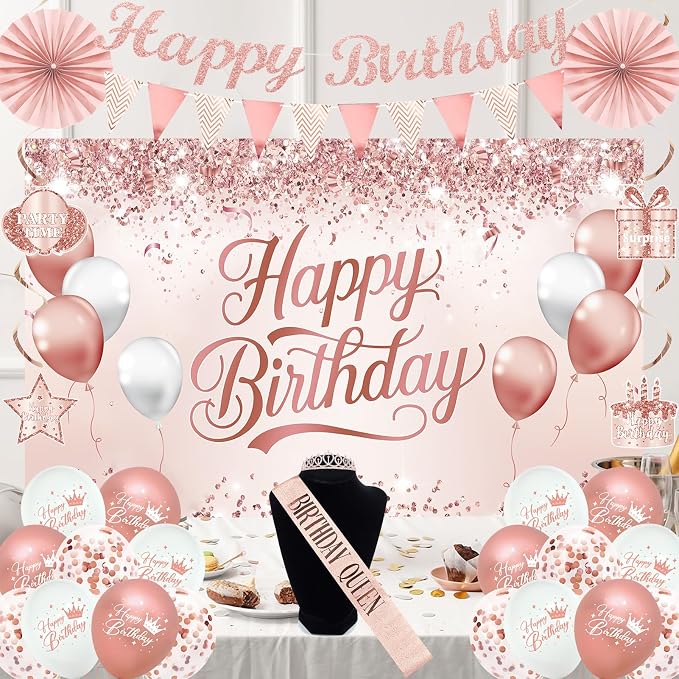 Trgowaul Birthday Decorations Party Set for Women Girls, Rose Gold Happy Birthday Banner, Sash and Tiara, Pink Balloons, Pink Party Supplies Ideas Decor for Her