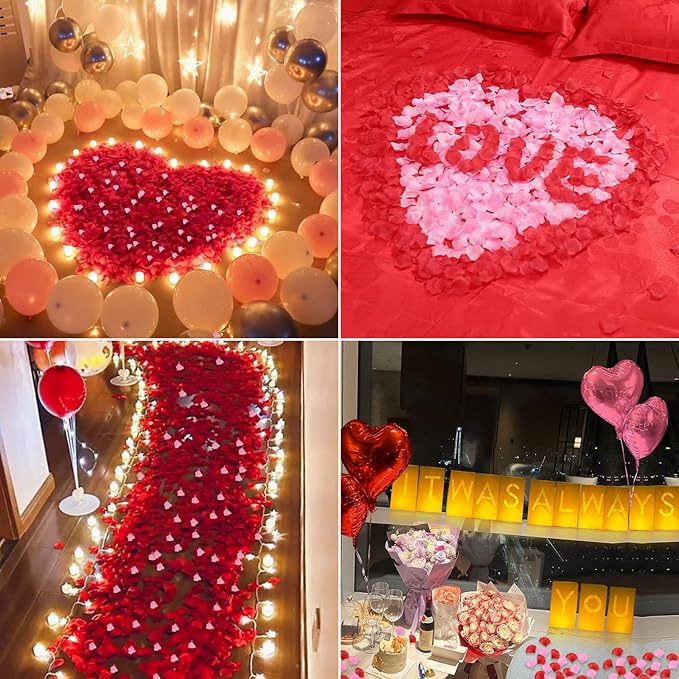 It Was Always You Lighted Letters Sign 8pcs Luminary Paper Bags 2000pcs Red Pink Artificial Rose Petals 48pcs Flameless LED Candle Tealight 10pcs Heart Balloons Romantic Night Valentine's Day Decor