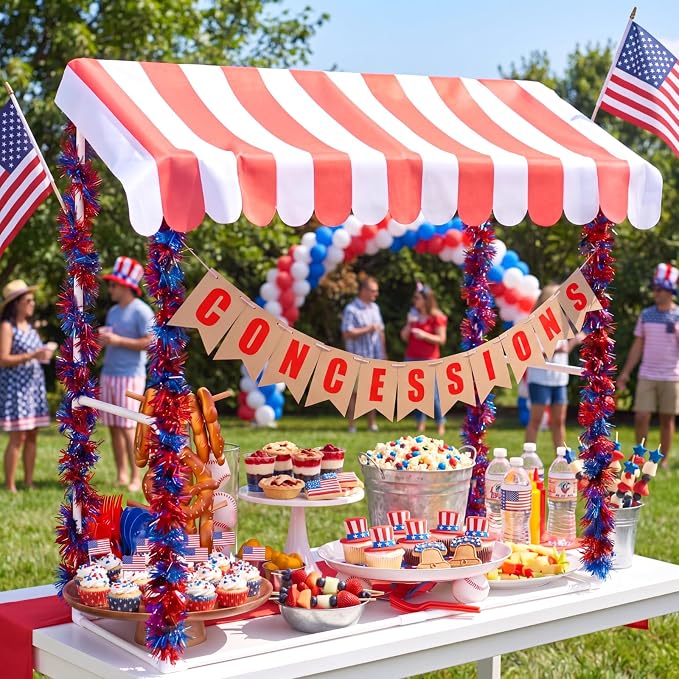 Concessions Stand Supplies Baseball Party Decoration with 1 Set Stand 1 Red and White Striped Sunshade Cloth 4 Red and Blue Tinsel 1 Concessions Banner for Baseball Sport 4th of July Party Decor