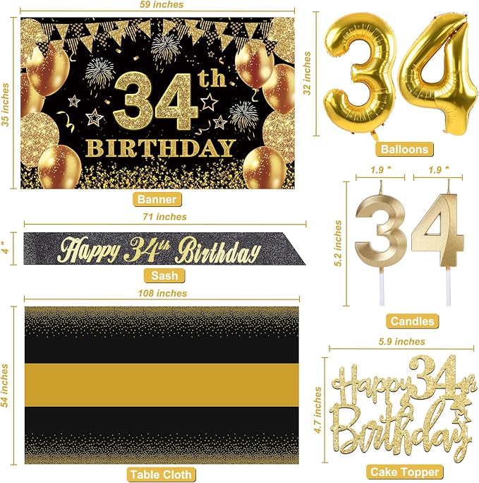 34th Birthday Decorations Men Women with 34th Birthday Banner, Black and Gold Table Cloth, Number Balloons, Large Sash, Cake Topper and Candles