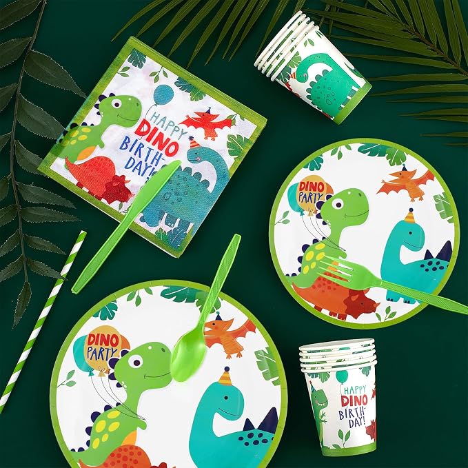 Tessco 193 Pcs Dinosaur Birthday Party Supplies Includes Plates Cups Napkins Banner Knives Fork Spoon Tablecloth Cupcake Toppers Straw Swirls for Boys Dino Birthday Party Decoration, Serves 20 Guests