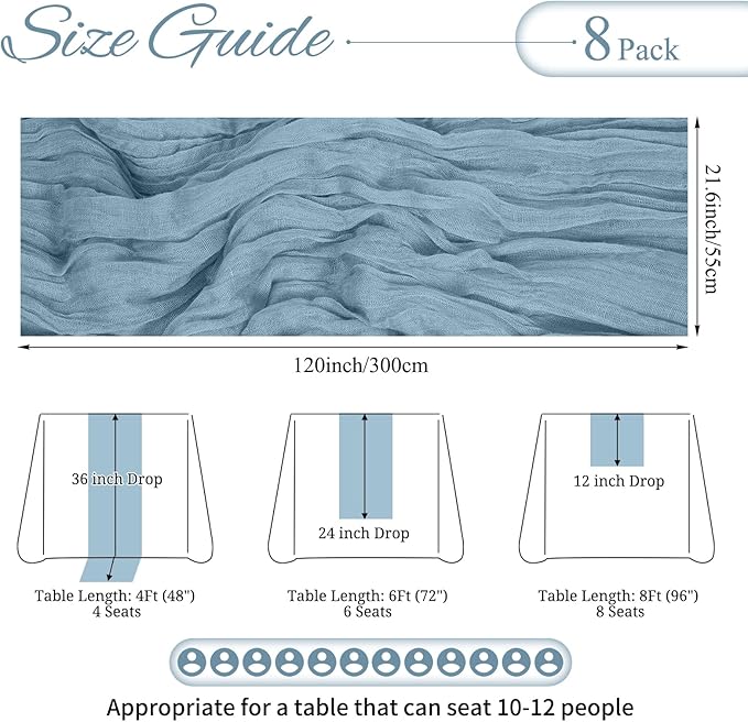 8 Pack Dusty Blue Cheesecloth Table Runner 10FT Dusty Blue Boho Gauze Cheese Cloth Table Runner Rustic Sheer Fabric Table Runners for Wedding Bridal Shower Baby Shower Party(21.5×120 Inch)